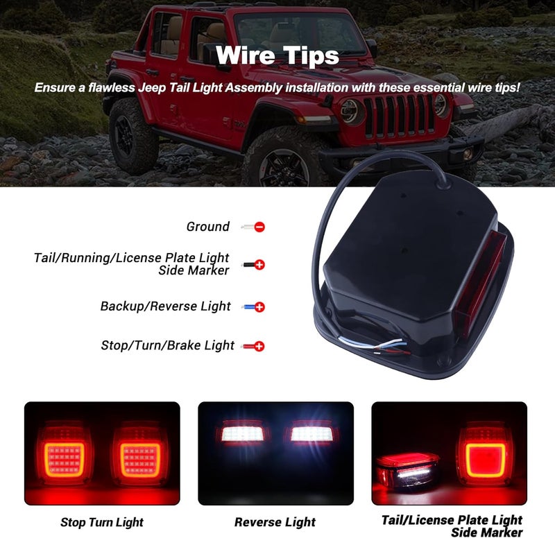 XtraGlow Halo Tail Lights Assembly Square Rear Combination Tail Lamps with Passenger and Driver Side Marker Stop Turn Signal Brake Lights Replacement for 1979-2006 Wrangler TJ YJ CJ5 CJ7 Red, 2Pcs - Image 4